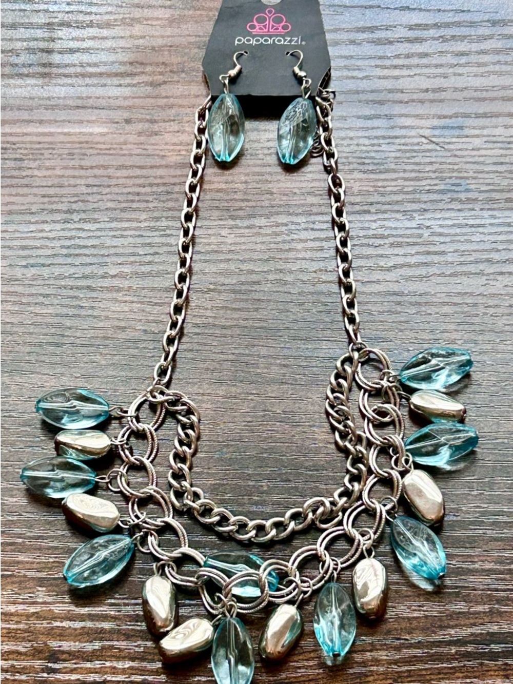 paparazzi Aqua Glass Teardrop Multi-Chain Statement Necklace & Earrings